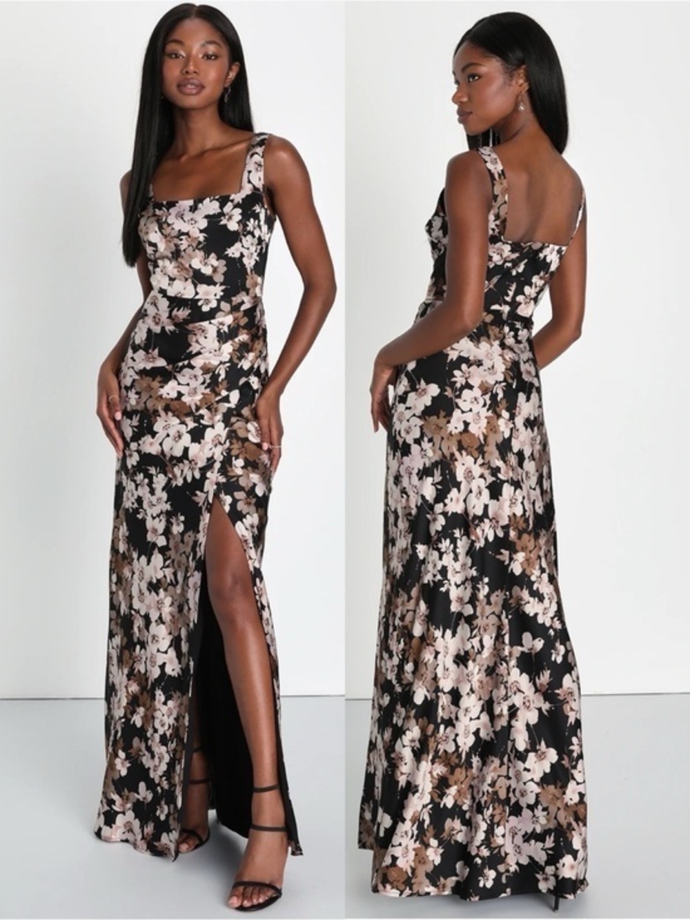NWT Lulu’s Blossoming Aura Black Floral Square Neck Tulip Maxi Dress 2203616
